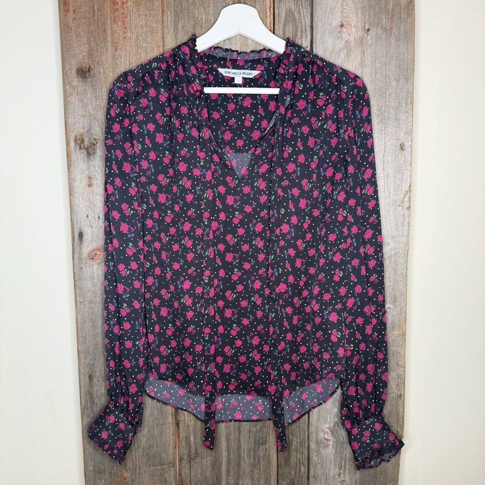 Veronica Beard Louama Tie Neck Dark Floral Blouse size 2 - Picture 4 of 14